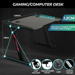Alston 120cm Large Gaming Desk LED RGB Computer Desk Z Model Racer Carbon Fibre Surface Table Workstation Max Load 175KG with Cup Holder and Headphone Holder