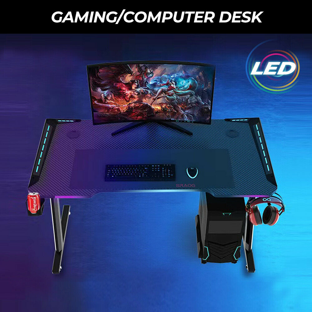 Alston 120cm Large Gaming Desk LED RGB Computer Desk Z Model Racer Carbon Fibre Surface Table Workstation Max Load 175KG with Cup Holder and Headphone Holder