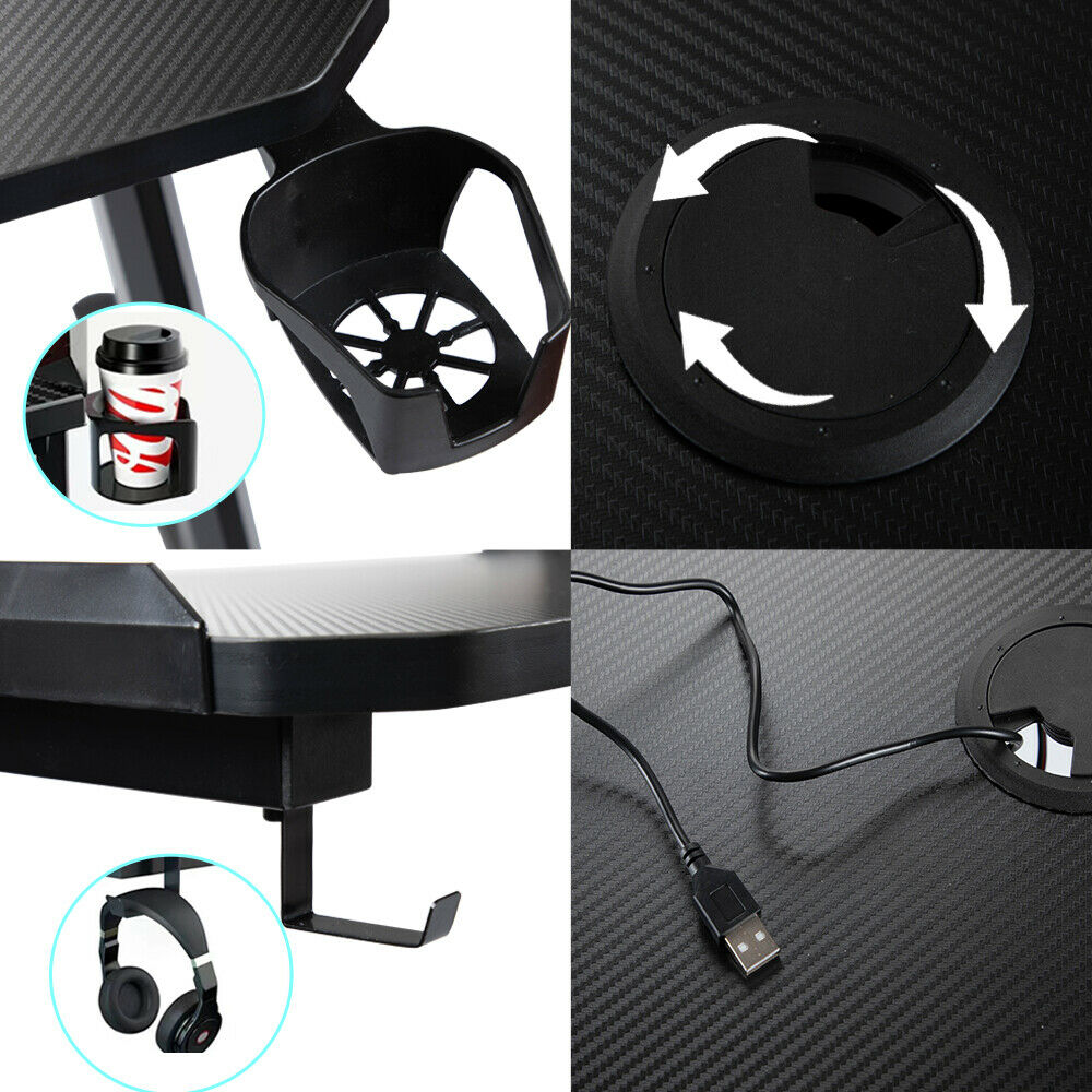 Alston 120cm Large Gaming Desk LED RGB Computer Desk Z Model Racer Carbon Fibre Surface Table Workstation Max Load 175KG with Cup Holder and Headphone Holder
