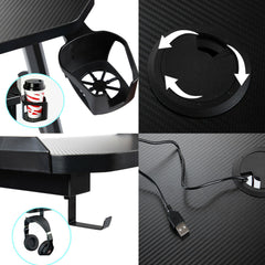 Alston 120cm Large Gaming Desk LED RGB Computer Desk Z Model Racer Carbon Fibre Surface Table Workstation Max Load 175KG with Cup Holder and Headphone Holder