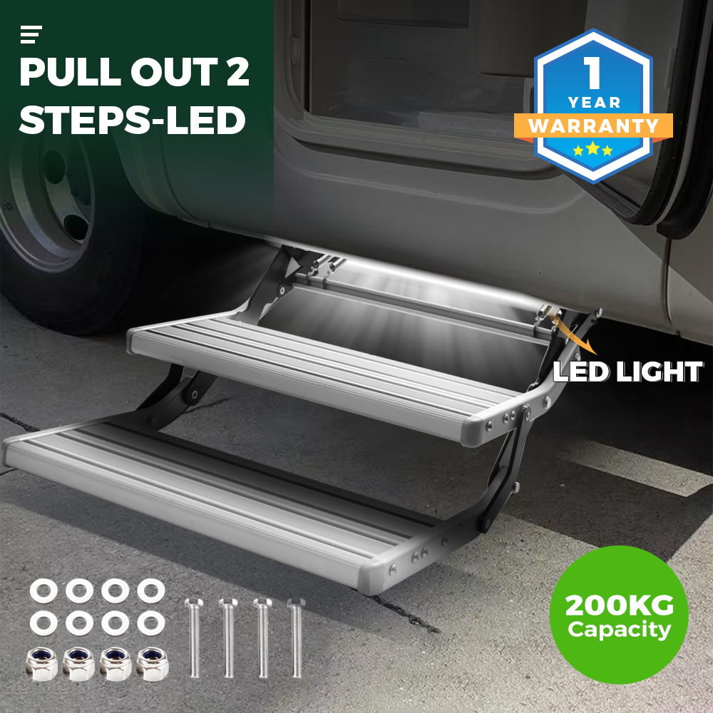 Aluminium Alloy Caravan Double Step Foldable Pull Out Step with 12V LED Light Pedal Manual Telescopic Pedal Anti Skid for Motorhome RV Camper Van 2 Stpes