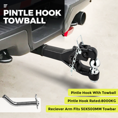 8 Ton Pintle Tow Hook Ball Combo With 2Inch Hitch Ball Towball Receiver Arm Fits 50x500mm Towbar Hitch Towing for 4WD Pickup Truck