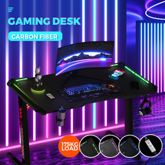 Alston 120cm Large Gaming Desk LED RGB Computer Desk Z Model Racer Carbon Fibre Surface Table Workstation Max Load 175KG with Cup Holder and Headphone Holder