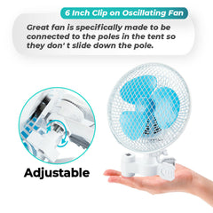 Portable 20W 2 Speed Hydroponic 6" Clip-on Fan 90 Degree Oscillating Clip Fan 230mm Auto Wave Grow Tent Pole Design Super quiet for Hydroponic