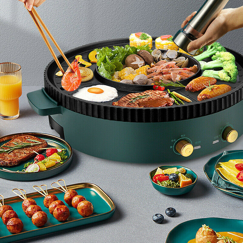 2 in 1 Electric Hot Pot Green with Grill Barbeque Cooker with Temperature Control Multi-function Smokeless Shabu Korean BBQ Pan for Simmer Boil Fry Roast 2200W