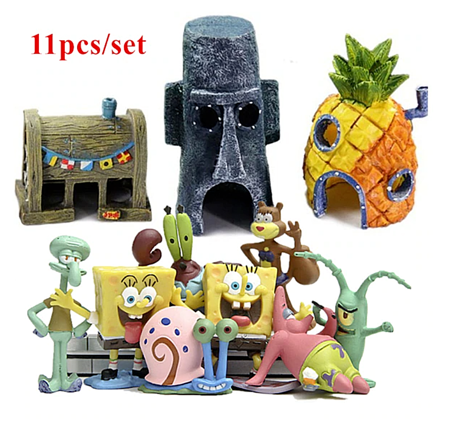 11 PCS Fish Tank Ornaments PVC Aquarium Decorations Fish Bowls SpongeBob Square Pants For Saltwater and Freshwater Tank