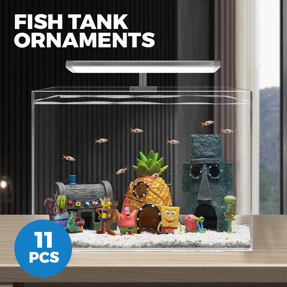 11 PCS Fish Tank Ornaments PVC Aquarium Decorations Fish Bowls SpongeBob Square Pants For Saltwater and Freshwater Tank