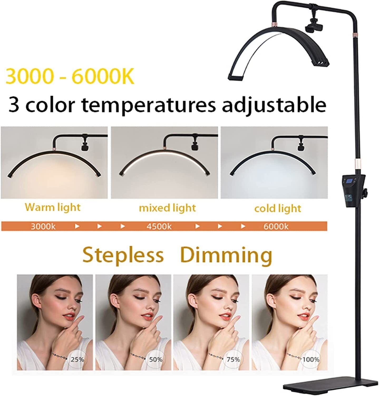 45W LED Moon Beauty Light with Stand Adjustable Color Floor Lamp Dimmable Light Height Adjustable with Mobile Holder for Eyelash Extensions Salon (2Gen)