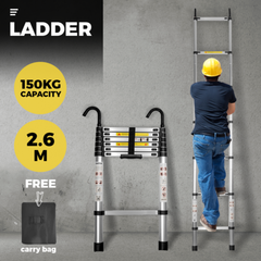 Portable 2.6M Telescopic Ladder with Safety Hooks Aluminium Folding Ladder Multi-Purpose Compact Design Safety Lock 150kg Capacity Includes Carry Bag